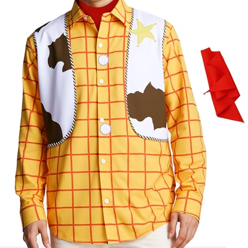 Cowboy Shirt Costume Mens Plaid Button Long Sleeve Printed Vest Pattern Sheriff Halloween Cosplay Funny Cow Shirts M Orange