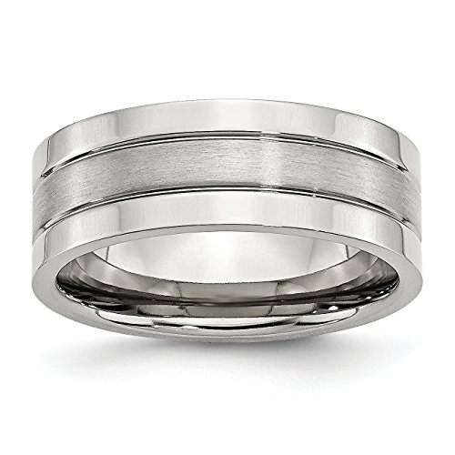 Jewelry Stores Network Mens Stainless Steel Grooved 8mm Satin and Polished Wedding Band Ring Size 7