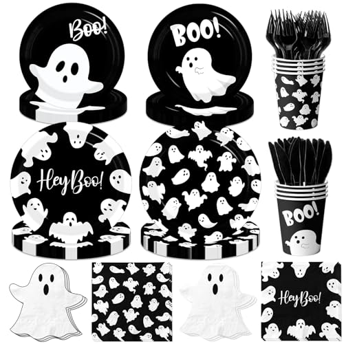 Halloween Paper Plates and Napkins, 144Pcs Black Ghost Plates and...
