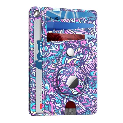 SITHON Slim Minimalist Front Pocket Wallet with Built-in Case Holder Compatible with Airtag, RFID Blocking Credit Card Holder with ID Window Wallet Case Cases for Men Women, Paisley Purple