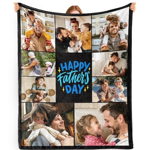 Bemaystar Fathers Day Personalised Photo Flannel Blanket Custom Gift for Dad Soft Cozy Throw with HD Printed Memories Unique Gift for Father Grandpa Husband from Daughter Son
