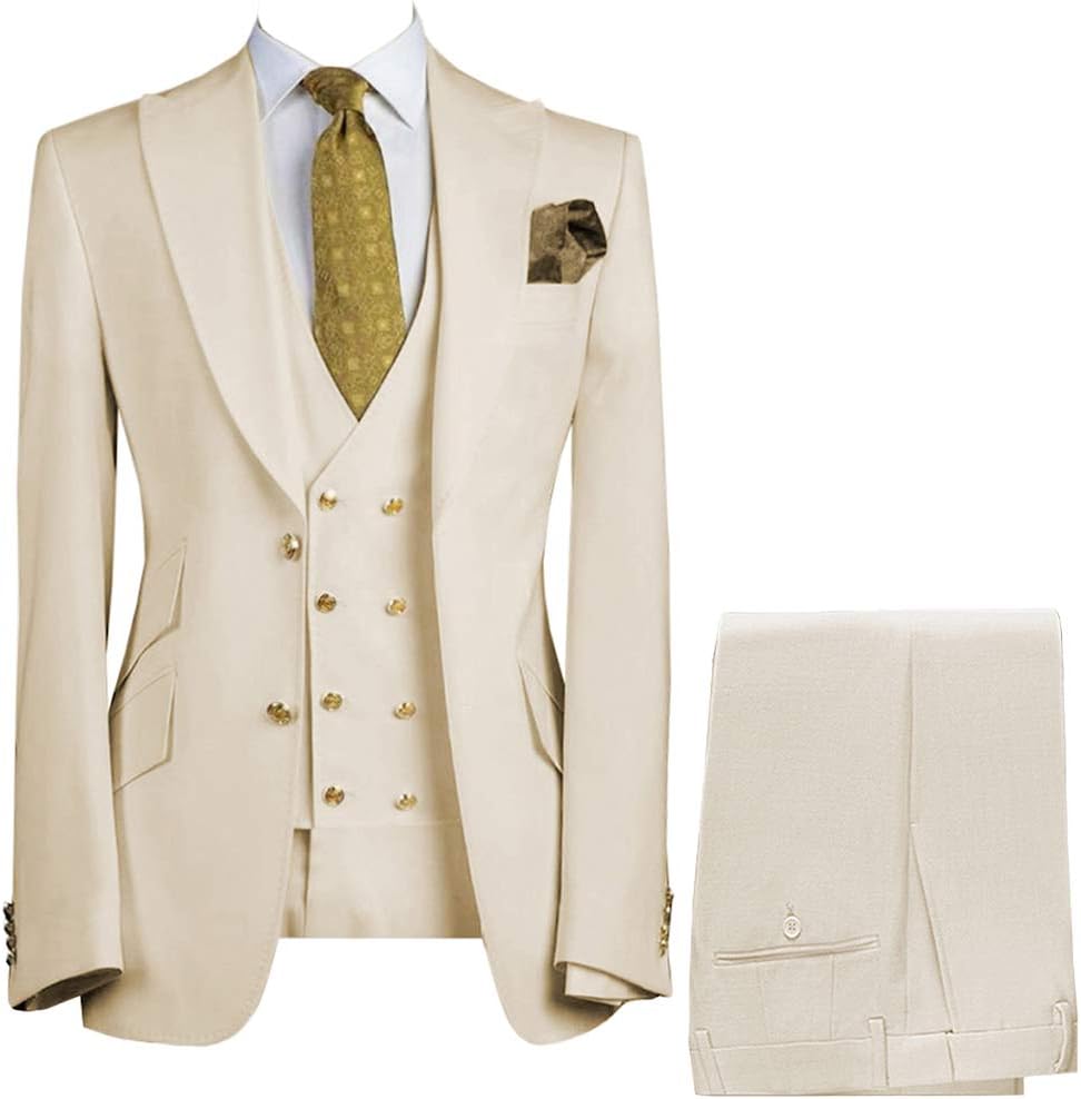 Men's Suits Slim Fit Wedding Groom Tuxedos 3 Pieces with Gold Buttons Formal Suit Peak Lapel