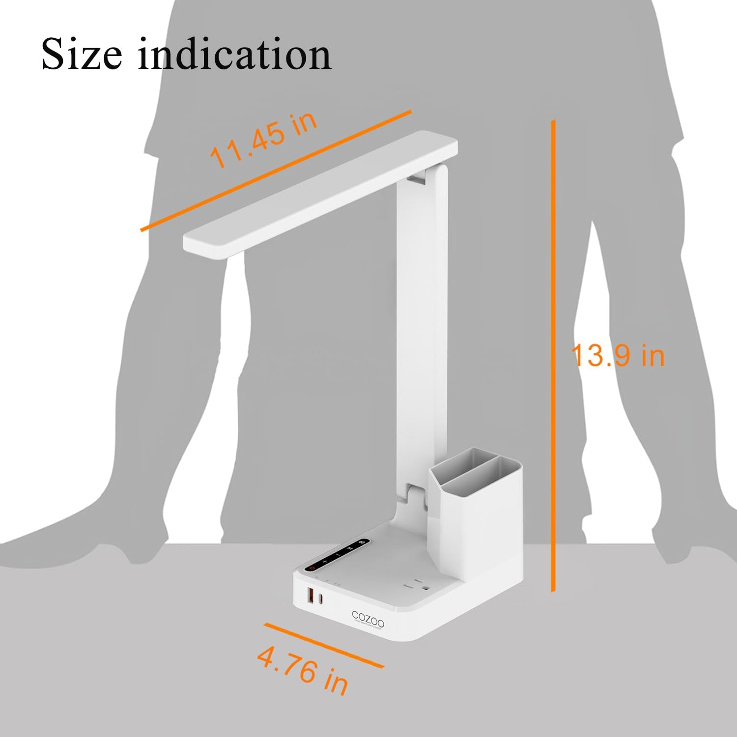 COZOO LED Desk Lamp with 2 USB Charging Ports,Type C Port,1 AC Outlet,2 Pen Holders,3 Color Temperature 3 Brightness Level,Touch/Memory/Timer,10W Eye Protection Foldable Reading Light,Study Lamp-White