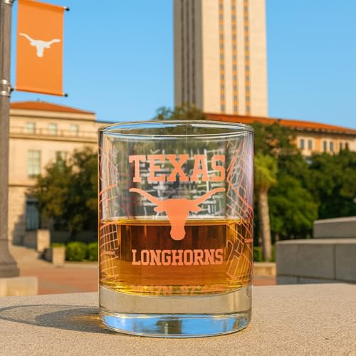 Image of Greenline Goods - University of Texas Longhorns College Whiskey Glasses (Set of 2), 10 oz - Full-Color Logo + Campus Map