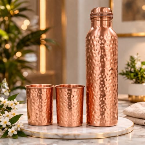 Image of JAIPUR ACE Hammered Pure Copper Water Bottle with Glass Set | 100% Copper Bottle Set | Leak Proof, Ayurvedic Benefits, Premium Design Gift Set for Home, Office, Gifting (Premium Hammered Bottle)