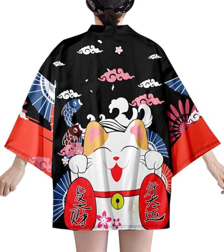 Image of LAI MENG FIVE CATS Women's Lucky Cat Cardigan Kimono Loose Cover up Casual Blouse Cute Tops