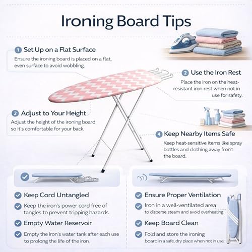Image of JIALTO Vertical Ironing Board with 16 mm Metal Bracket, Adjustable Height Stand, Pure Cotton Cloth Cover, Foldable Iron Board for Home (Pink, A0-1 - 111 L X 30 W CM)