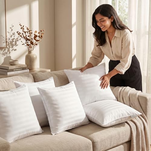 Image of Story@Home Microfibre Sofa Cushions Set of 5 | Soft & Fluffy Square Sofa Cushion 16 inch x 16 inch Set | 200 GSM Decorative Sofa Pillow for Bed, Chair, Car & Living Room - White
