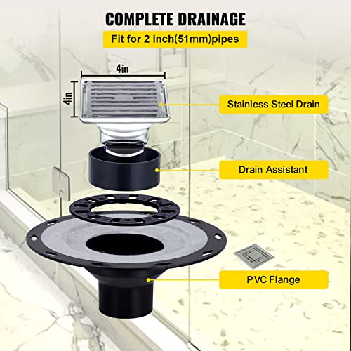 Image of VEVOR Shower Curb Kit 38 inch x 60 inch Watertight Shower Curb Overlay with 4 inch PVC Offset Bonding Flange, 4 inch Stainless Steel Grate, 2 Cuttable Shower Curb and Trowel, Shower Pan Slope Sticks Fit for Bathroom | for Bathroom Showers, with 4 inch Stainless Steel Grate, 2 Cuttable Curbs, Trowel and Slope Sticks for Shower Pan Installation