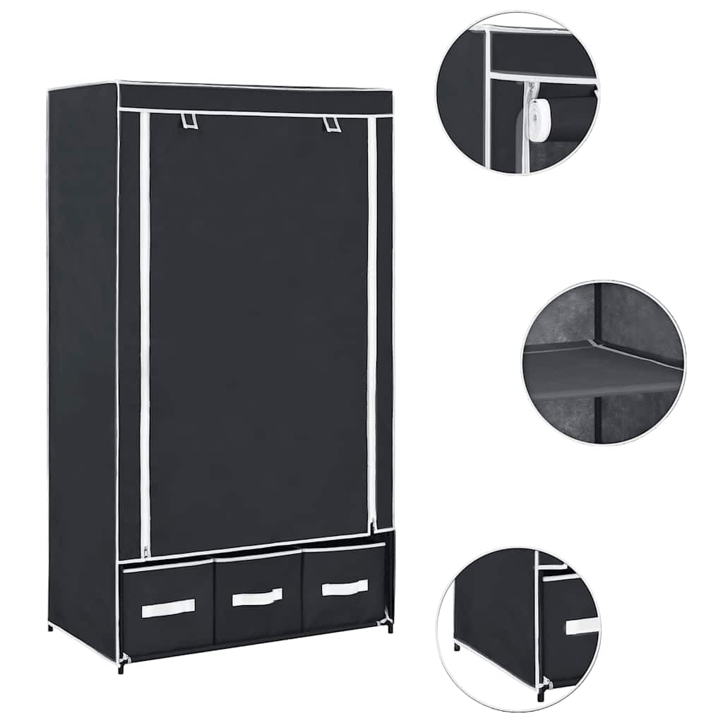 Kleiderschrank Schwarz 87 x 49 x 159 cm Stoff mit 3 Schubladen und Kleiderstange, platzsparender Faltschrank für Schlafzimmer, Flur, Kinderzimmer, Robustes Vliesmaterial, einfache Montage