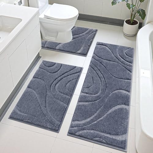 HEBE Bathroom Rug Sets 3 Piece, Non Slip Shower Mats with U-Shaped Contour Toilet Mat, Absorbent Microfiber Bath Mats for Bath Rugs, Washable Shaggy Floor Carpet, Dark Grey