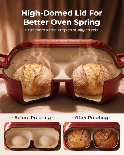 Image of Sourdough Bread Baking Kit with Double Loaf Cast Iron Bread Pan, Red | Bakes two mini loaves at once with banneton proofing baskets included