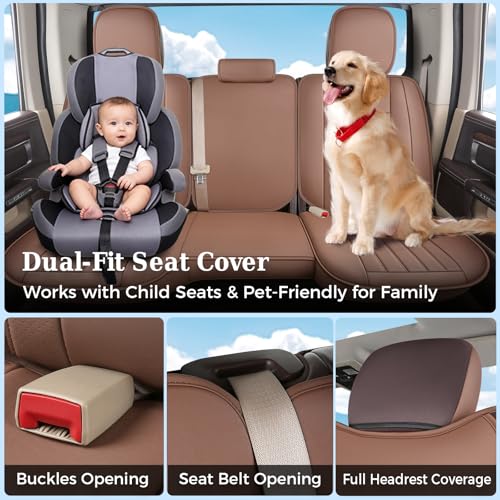 Image of Truckiipa Seat Covers for Dodge Ram 1500 Full Set, Full Coverage Waterproof Leather Protectors Pickup Truck Accessories, Custom Fit for 2002-2026 Ram 1500 2500 3500 Crew Mega Cab,Brown