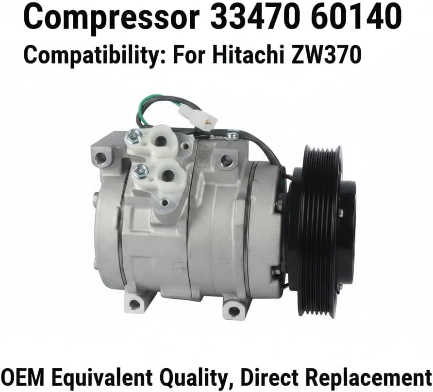 33470-60140 AC Compressor, 6PK 12V Air Conditioning Compressor Replacement for Hitachi ZW370 Wheel Loader, Aftermarket HVAC System Part