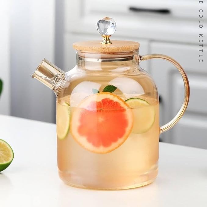 Image of Glass Jug with Lid Ice Tea Water Jug Hot Water Ice Tea Drinking Beverage Jug, Water Jug Glass Material with Wooden Lid, 1.8 Liter (Gold)