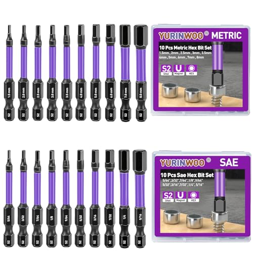 20Pcs Hex Head Allen Wrench Drill Bit Set (Metric & SAE) S2 Steel Bits Set CNC Machined Tips with Magnetism 1/4 Hex-Shank Inner Hexagon Screwdriver Bit 2 Long with Storage Box