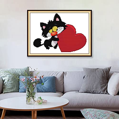 Maydear Cross Stitch Kits Stamped Full Range of Embroidery Starter Kits for Beginners DIY 11CT 3 Strands - Black Cat and Red Heart 16.1×11(inch)