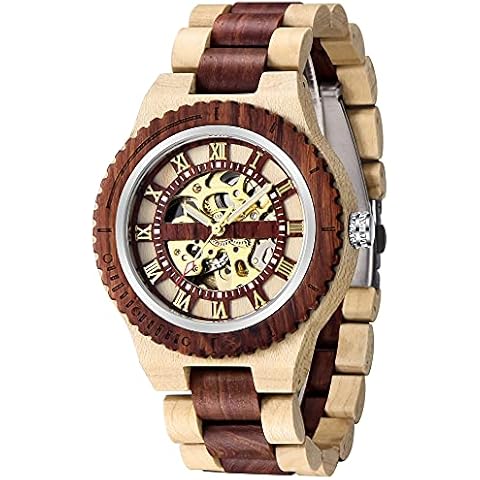 Men's Wooden Watch Skeleton Automatic Movement Wood Watch Self-Winding Watches for Men, brown&red, Mechanical,Self-winding Cover
