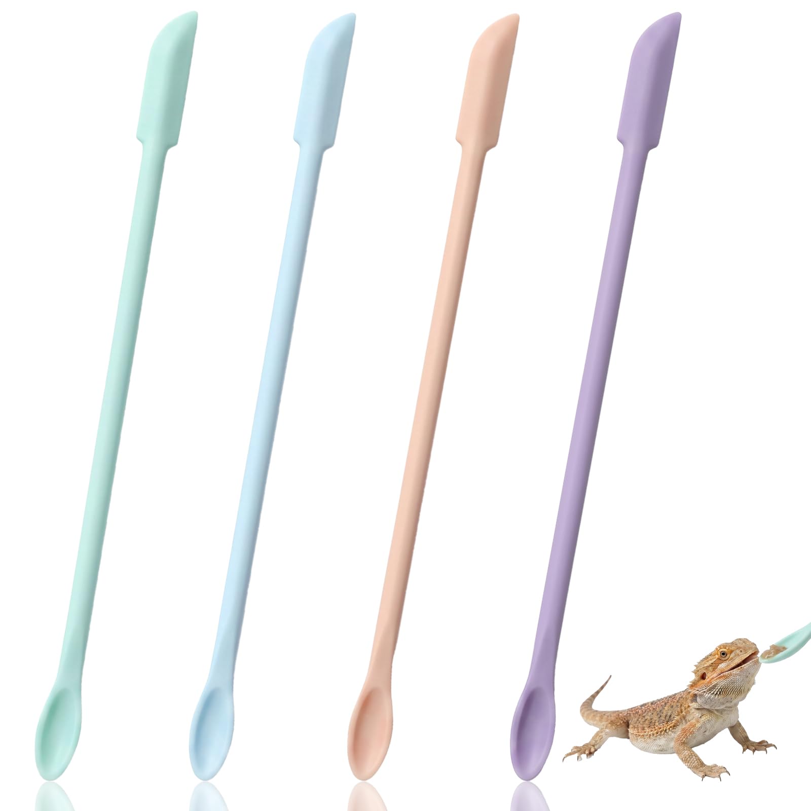 Matwsec 4 Pcs Reptile Spoon, Crested Gecko Feeding Spoon, Silicone Crested Gecko Accessories, Long Handle Feeding Tool for Food Mixing, Fit Lizard & Bearded Dragon (Blue/Orange/Purple/Green)