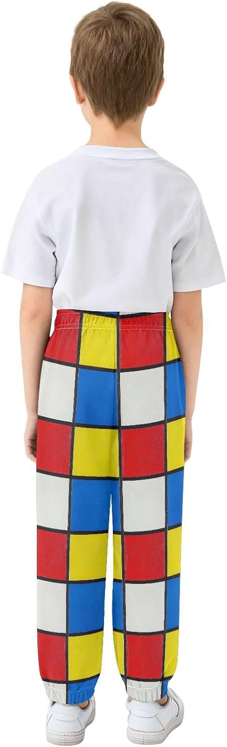 Boy Sweatpants Mondrian Color Grid Joggers Casual Athletic Pants Kids Elastic Waist Cuffed with Pockets