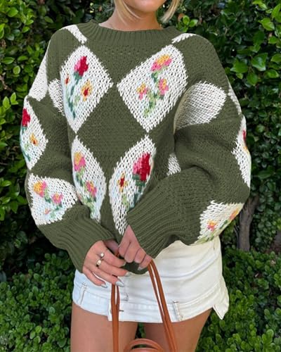 Image of ZAFUL Floral Sweaters for Women Trendy Crew Neck Long Sleeves Knitted Pullover Boho Sweater Chunky Knit Tops