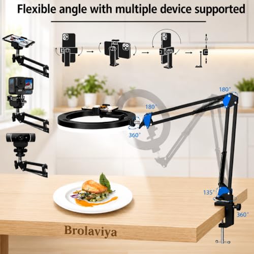 Image of BROLAVIYA Upgraded No Shadow Overhead Video Mobile Stand with 10inch Selfie Ring Light, Metal Arm,1 /4 inch Adaptor for Camera, GoPro and Flexible Mobile Bracket for Desktop, Bedroom, Office