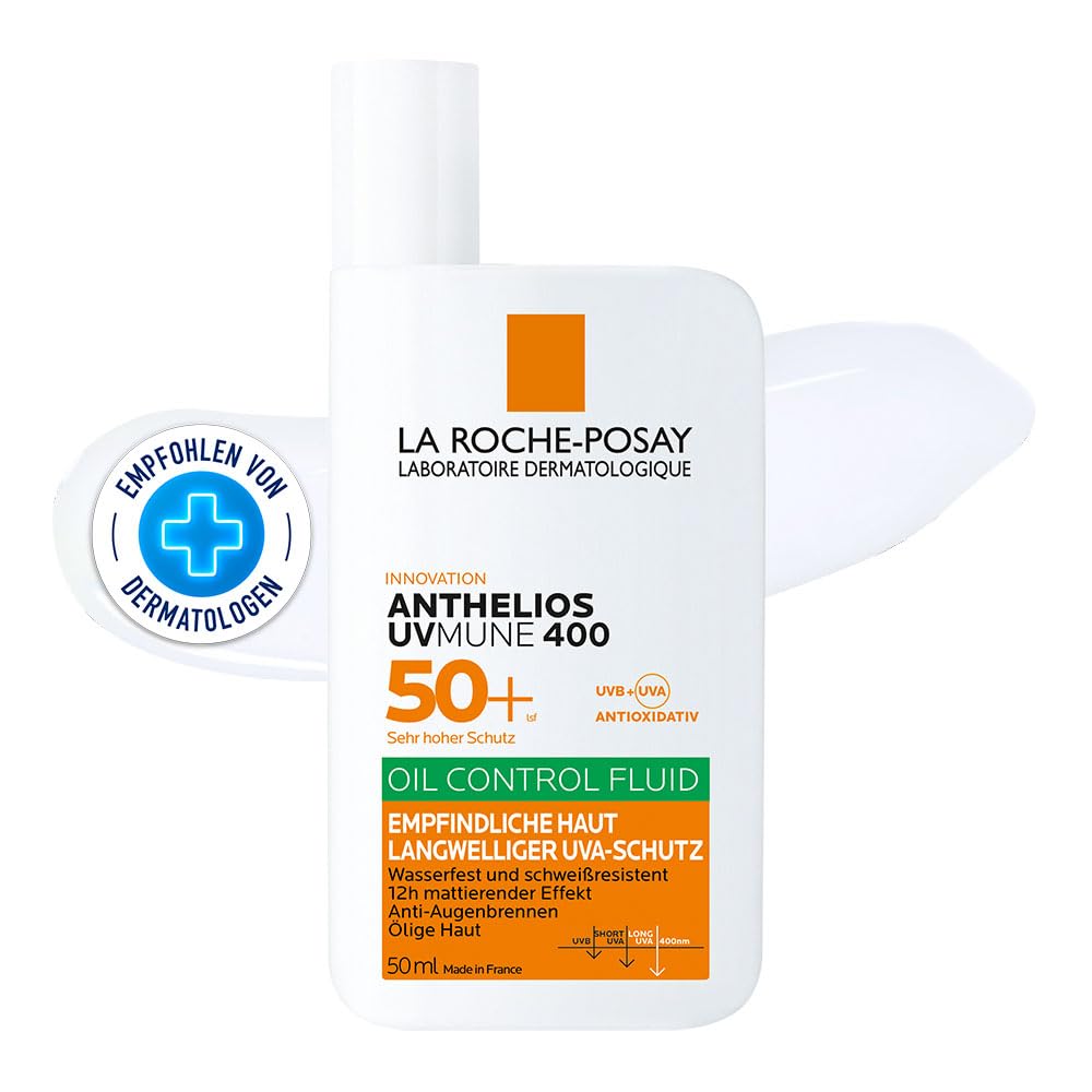 La Roche Posay Sonnenfluid, Für das Gesicht und ölige Haut, Transparent und mattierend, Mit Airlicium-Technologie, Ohne Duftstoffe, Anthelios UVmune 400 Oil Control Fluid LSF 50+, 50 ml