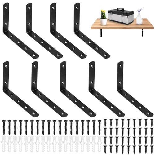 9 Pcs Soporte Estanteria Pared Negros, 150mm Soporte Baldas Pared Metalica, Soportes para Estanterías, Soportes en L para Estantes, Escuadras para Estanterias, Soporte para Baldas de Madera