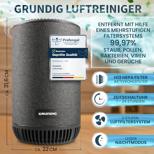 Grundig Luftreiniger Allergiker Air Purifier - Extra leise Hepa Filter + AKTIVKOHLEFILTER filtert 99,9% Schimmel Staub Pollen Viren Raucherzimmer, Luftqualitätsanzeige - 49m2 (Luftreiniger) – Bild 3