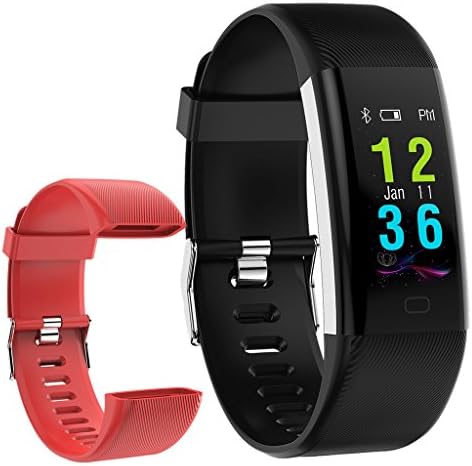 IP68 Waterproof Step Tracker Watch Activity Fitness Tracker Swim Heart Rate Sleep Digital Bluetooth Smart Ring Kid Women Accurate Pedometer Walk Counter Replacement Band USB Charging (Black+Red Band)