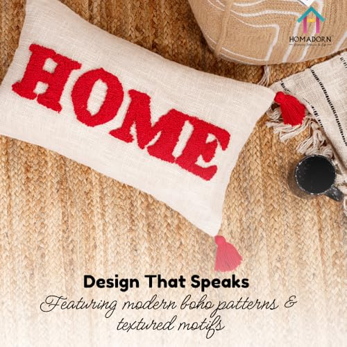 Image of HOMADORN 100% Cotton Text Pattern Handtufted /Embroided Decorative Cushion Cover (12X20 Inches) (1, Home RED)