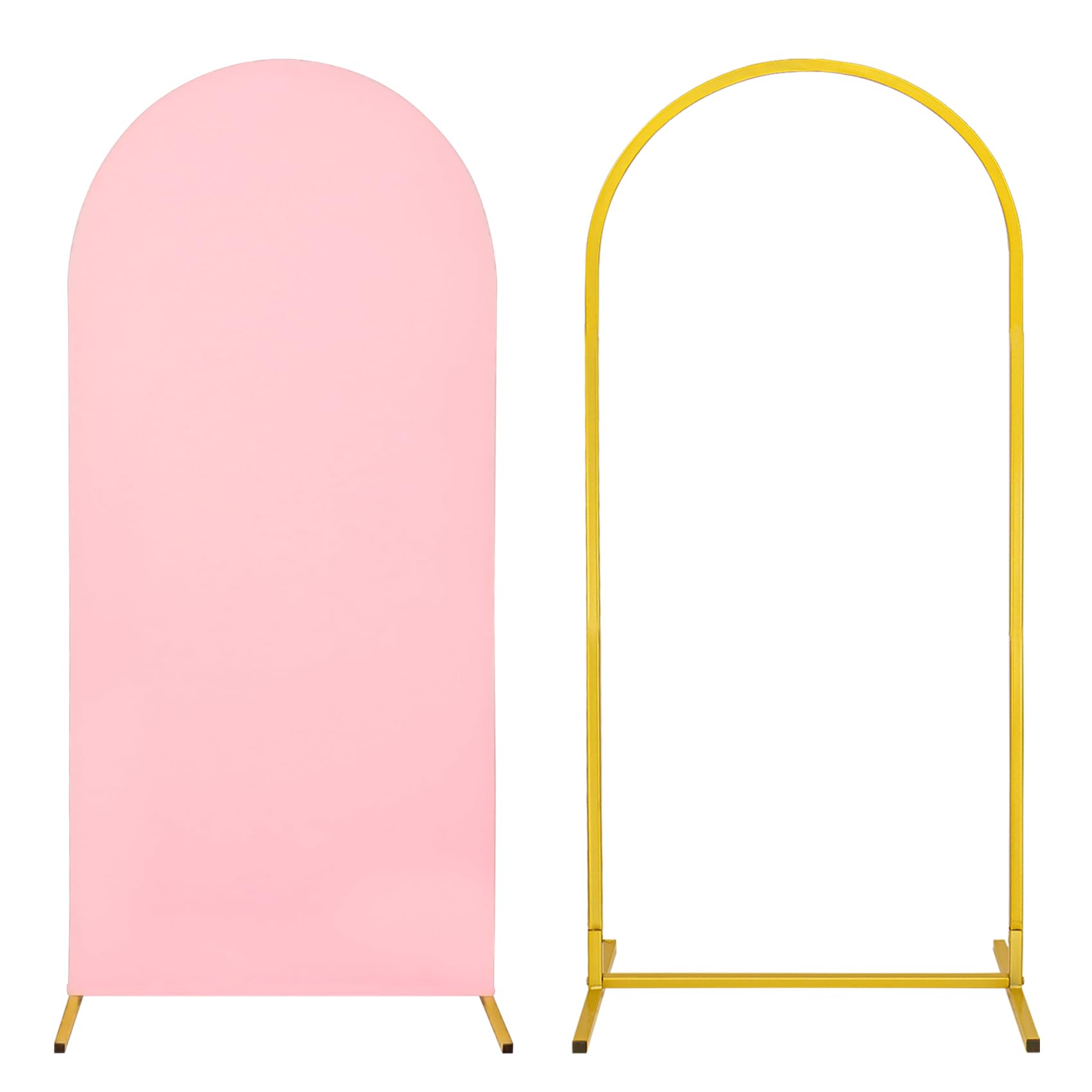 Metal Arch Stand and Cover Set,1 Pink Spandex Fitted Backdrop with 1 Gold Wedding Arched Stand Frame for Parties Birthday Baby Shower Bridal Banquet Decoration (6FT)