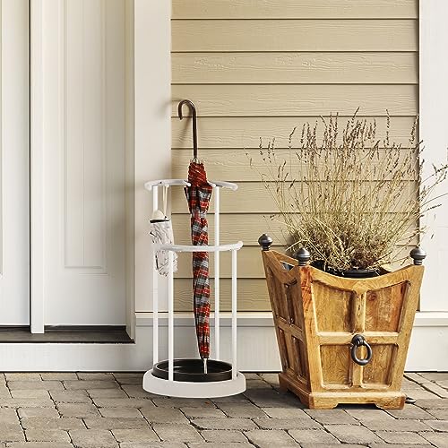 OYEAL White Umbrella Stands Rack for Entryway Metal Umbrella Holder with Removable Water Tray, Free Standing Organizer for Umbrella Walking Sticks Canes