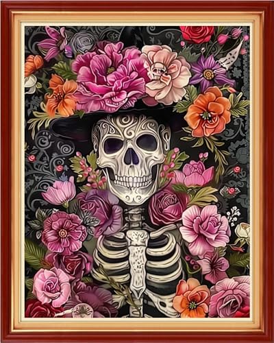 Image of Magxvouy Cross Stitch Kits Stamped Full Range of Embroidery Kits,Cross Stitch Patterns Needlework Kits for Beginners 11CT Printed Kits&Skeleton Flowers 16x20 inch