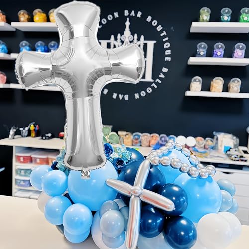 5Pcs Silver Cross Balloon Jumbo Baptism/First Communion Baptism Party Decor For Boys&Girls/Shiny Heart/Birthday Wedding Christmas Communion Christening Religious Balloon by CYMYLAR - Image 4