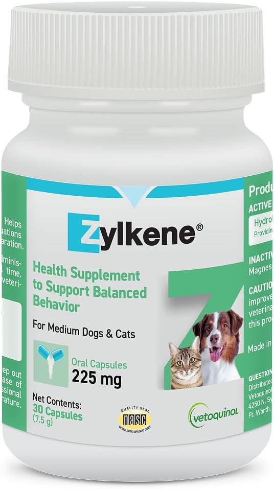 Zylkene - Calming Oral Support for Medium Dogs & Large Cats - Supports Behavior & Occasional Anxiety - for Boarding, Vet Visits & Celebrations - Non-Drowsy & Lactose-Free - 30 Capsules