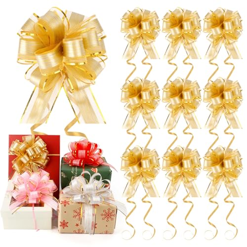 Pull Bows 10 Pcs Gold Bowsfor Gift Wrapping 6 Inch Gift Wrapping GiftBows Organza Gift Bows Large PullBows for Birthday Gift Christmas Tree Wine Bottles Wedding Wrapping Boxes or Flower Decorations