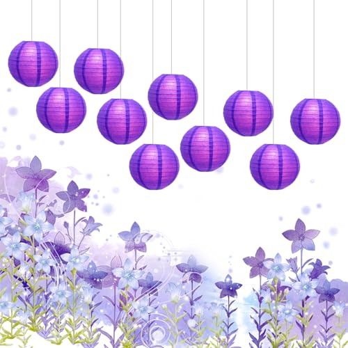 Image of Purple Chinese Paper Lanterns with LED Lights, 10-Pack 10inch | Hanging Lights for Mardi Gras, Graduation, Birthday Decorations, Ceiling Decor, Home Party & Baby Shower