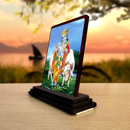 Image of Panchmukhi Hanuman Wooden Idol - Glossy Finish 5x4in | Murti for Car Dashboard & Home Temple | Perfect Small Statue for Door Entrance & Puja | Enhance Spaces (Cow Krishna)