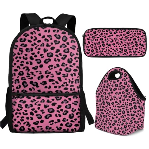 Kids Teens Backpack Set – 17in Schoolbag with Lunch Tote & Pencil Pouch, Lightweight Comfortable Straps With Side Bottle Pocket for Elementary to College, Leopard Pink Spot Print