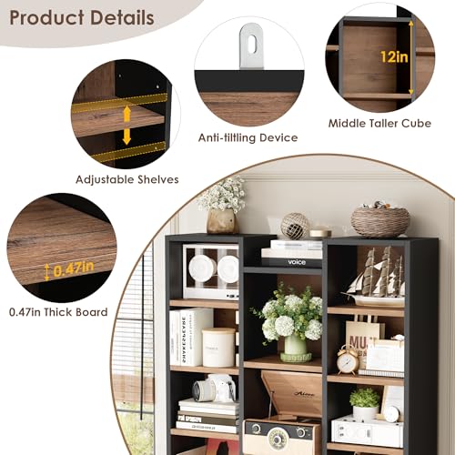 FOTOSOK-71-H-Bookshelf-with-21-Cubes-Triple-Wide-Tall-Bookshelf-8-Tier-Bookcase-with-8-Adjustable-Shelves-Large-Bookshelf-DVDCD-Media-Tower-Storage-Freestanding-Display-Shelf-Cabinet