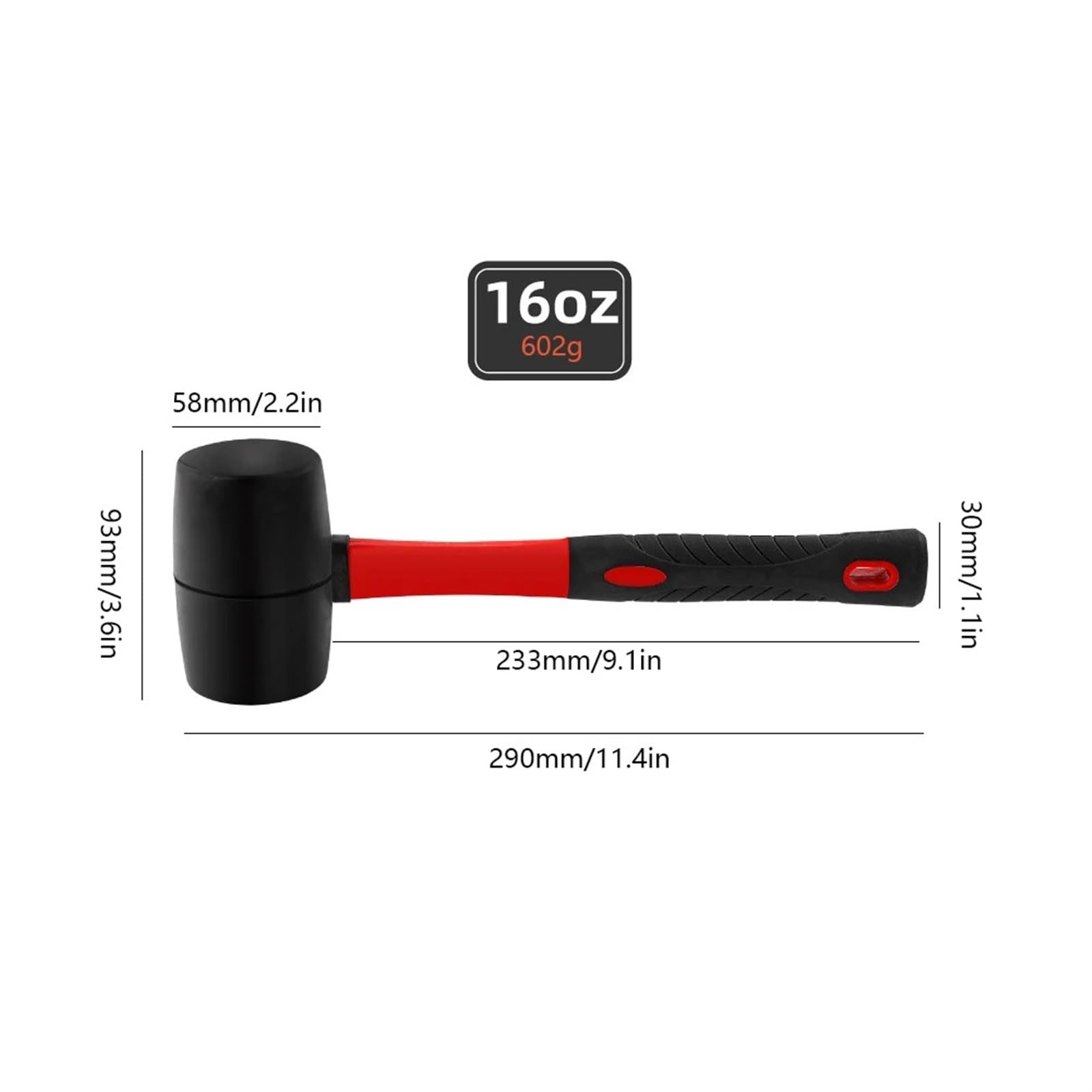 młotek gumowy, Mały młotek z uchwytem włókna szklanego, dwustronny, wielofunkcyjny gumowy do wbijania kołków podłogowych, obróbka drewna(602g)
