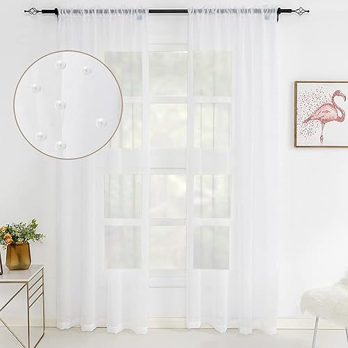 WestWeir Cortinas traslúcidas blancas - Cortina de gasa con decoración de perlas blancas, paneles de tratamiento de ventanas, hermosas cortinas de