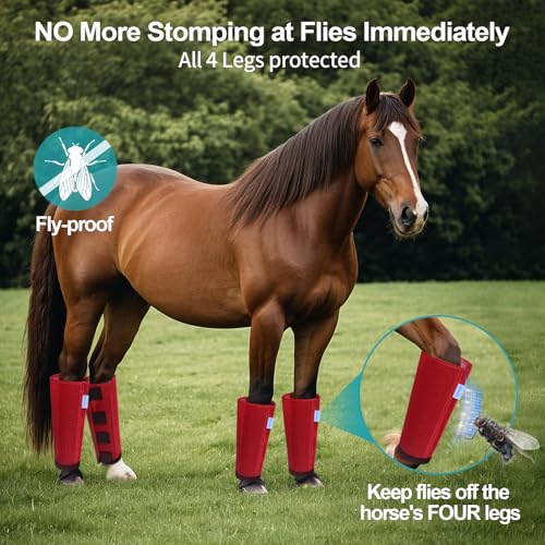 Image of Mesh Horse Fly Boots Set of 4, Loose Fitting Leggings for Horses, Reduce Stressful Stomping, Breathable Adjustable and Universal Fit for 4 Legs, Reliable Stay Put (Red)
