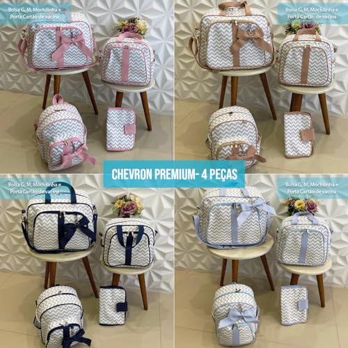 Kit Bolsa Maternidade Chevron Luxo detalhes Cinza - Térmico e Impermeável Cor: Rosa