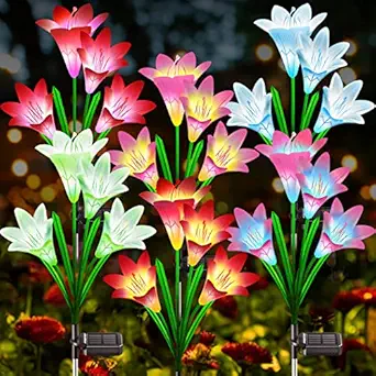 Solar Garden Lights - 6 Pack Upgraded Solar Lights Outdoor with 24 Bigger & Brighter LED Lily Flower Lights - Color Changing Waterproof Solar Lights for Outside Yard Porch Outdoor Garden D?cor
