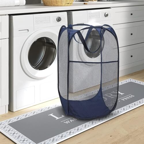 Image of BATTOO Deluxe Strong Mesh Pop up Laundry Hamper Basket with Side Pocket Foldable Hamper for Laundry Room, Bathroom, Kids Room, College Dorm or Travel Navy + Black
