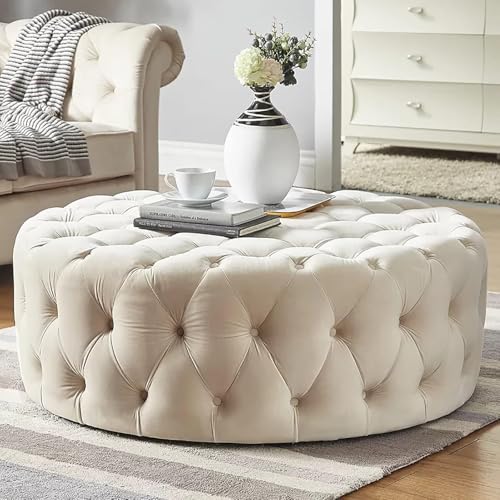 Lussuoso Comodo Sgabello Poggiapiedi in Peluche,Tavolino da caffè Moderno Piccolo,Pouf Rotondo in Velluto,Panchina all'estremità del Letto per Soggiorno Camera da Letto,Beige,60x60x40cm(24x2