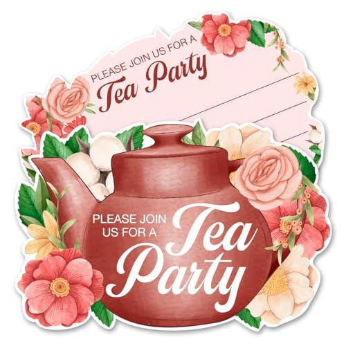 QYCFDXD Floral Tea Party Invitations with Envelopes, 20 Set High Tea Pot Shaped Invitations Party Invites Supplies Favors, Double-Sided