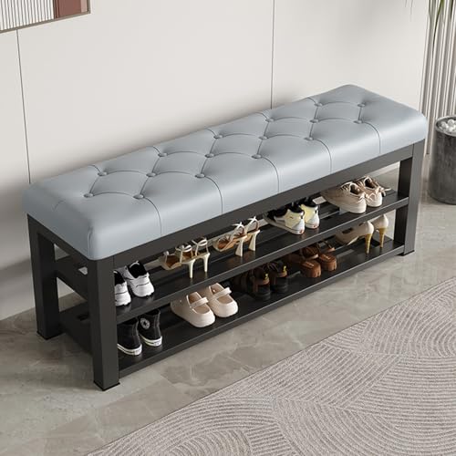 Banco de zapatos de 2 niveles con asiento acolchado de piel sintética y base de metal. Elegante organizador de entrada para dormitorio, sala de estar, pasillo, color negro, zapatero de 31.5 pulgadas
